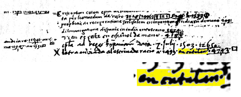 Anotació de Ferran Colom en l'Índex Biblioteca Colombina carta a Lluís de Santángel en català